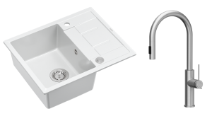 Quadron Unique Zlewozmywak granitowy jednokomorowy 62*50*22 cm z ociekaczem MORGAN 116 SNOW WHITE z syfonem Push-2-Open w kolorze stalowym z baterią JENNIFER Q LINE SLIM z wyciąganą wylewką i funkcją prysznica kolor stal szczotkowana-DARMOWA DOSTAWA