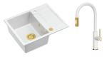 Quadron Unique Zlewozmywak granitowy jednokomorowy 62*50*22 cm z ociekaczem MORGAN 116 SNOW WHITE z syfonem Push-2-Open w kolorze złotym z baterią JENNIFER Q LINE SLIM z wyciąganą wylewką i funkcją prysznica kolor biały mat/złoty-DARMOWA DOSTAWA