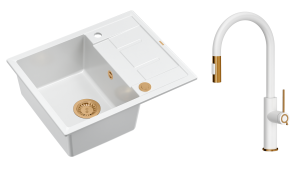 Quadron Unique Zlewozmywak granitowy jednokomorowy 62*50*22 cm z ociekaczem MORGAN 116 SNOW WHITE z syfonem Push-2-Open w kolorze miedzianym z baterią JENNIFER Q LINE SLIM z wyciąganą wylewką i funkcją prysznica kolor biały mat/miedź-DARMOWA DOSTAWA