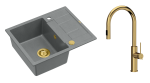 Quadron Unique Zlewozmywak granitowy jednokomorowy 62*50*22 cm z ociekaczem MORGAN 116 SILVER STONE z syfonem Push-2-Open w kolorze złotym z baterią JENNIFER Q LINE SLIM z wyciąganą wylewką i funkcją prysznica kolor złoty-DARMOWA DOSTAWA