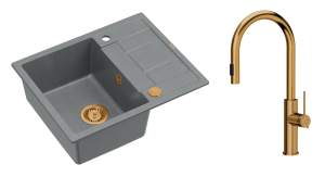 Quadron Unique Zlewozmywak granitowy jednokomorowy 62*50*22 cm z ociekaczem MORGAN 116 SILVER STONE z syfonem Push-2-Open w kolorze miedzianym z baterią JENNIFER Q LINE SLIM z wyciąganą wylewką i funkcją prysznica kolor miedziany-DARMOWA DOSTAWA