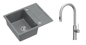 Quadron Unique Zlewozmywak granitowy jednokomorowy 62*50*22 cm z ociekaczem MORGAN 116 SILVER STONE z syfonem Push-2-Open w kolorze stalowym z baterią JENNIFER Q LINE SLIM z wyciąganą wylewką i funkcją prysznica kolor stal szczotkowana-DARMOWA DOSTAWA