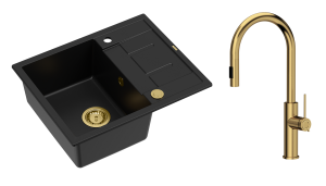 Quadron Unique Zlewozmywak granitowy jednokomorowy 62*50*22 cm z ociekaczem MORGAN 116 PURE CARBON z syfonem Push-2-Open w kolorze złotym z baterią JENNIFER Q LINE SLIM z wyciąganą wylewką i funkcją prysznica kolor złoty-DARMOWA DOSTAWA