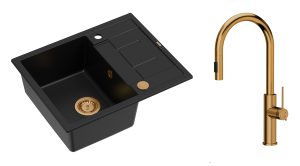 Quadron Unique Zlewozmywak granitowy jednokomorowy 62*50*22 cm z ociekaczem MORGAN 116 PURE CARBON z syfonem Push-2-Open w kolorze miedzianym z baterią JENNIFER Q LINE SLIM z wyciąganą wylewką i funkcją prysznica kolor miedziany-DARMOWA DOSTAWA