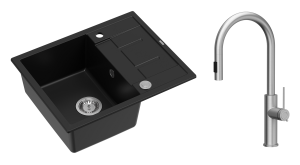 Quadron Unique Zlewozmywak granitowy jednokomorowy 62*50*22 cm z ociekaczem MORGAN 116 PURE CARBON z syfonem Push-2-Open w kolorze stalowym z baterią JENNIFER Q LINE SLIM z wyciąganą wylewką i funkcją prysznica kolor stal szczotkowana-DARMOWA DOSTAWA