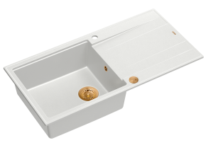 Quadron Unique Zlewozmywak granitowy jednokomorowy 100*50*21 cm  z ociekaczem EVAN 146 XL GRANITEQ  SNOW WHITE z syfonem Push-2-Open w kolorze miedzianym-DARMOWA DOSTAWA