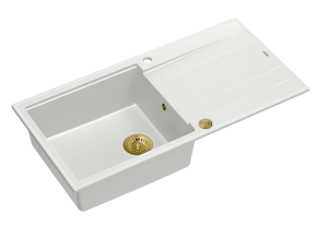 Quadron Unique Zlewozmywak granitowy jednokomorowy 100*50*21 cm  z ociekaczem EVAN 146 XL GRANITEQ  SNOW WHITE z syfonem Push-2-Open w kolorze złotym-DARMOWA DOSTAWA