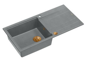Quadron Unique Zlewozmywak granitowy jednokomorowy 100*50*21 cm  z ociekaczem EVAN 146 XL GRANITEQ  SILVER STONE z syfonem Push-2-Open w kolorze miedzianym-DARMOWA DOSTAWA