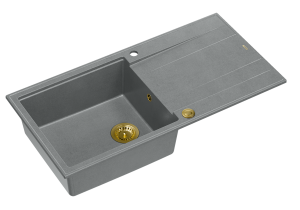 Quadron Unique Zlewozmywak granitowy jednokomorowy 100*50*21 cm  z ociekaczem EVAN 146 XL GRANITEQ  SILVER STONE z syfonem Push-2-Open w kolorze złotym-DARMOWA DOSTAWA