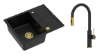 Quadron Unique Zlewozmywak granitowy jednokomorowy 62*50*22 cm z ociekaczem MORGAN 116 PURE CARBON z syfonem Push-2-Open w kolorze złotym z baterią JENNIFER Q LINE SLIM z wyciąganą wylewką i funkcją prysznica kolor czarny mat/złoty-DARMOWA DOSTAWA