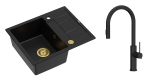 Quadron Unique Zlewozmywak granitowy jednokomorowy 62*50*22 cm z ociekaczem MORGAN 116 PURE CARBON z syfonem Push-2-Open w kolorze złotym z baterią JENNIFER Q LINE SLIM z wyciąganą wylewką i funkcją prysznica kolor czarny mat-DARMOWA DOSTAWA