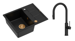Quadron Unique Zlewozmywak granitowy jednokomorowy 62*50*22 cm z ociekaczem MORGAN 116 PURE CARBON z syfonem Push-2-Open w kolorze miedzianym z baterią JENNIFER Q LINE SLIM z wyciąganą wylewką i funkcją prysznica kolor czarny mat-DARMOWA DOSTAWA
