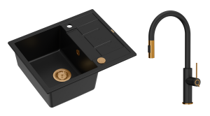 Quadron Unique Zlewozmywak granitowy jednokomorowy 62*50*22 cm z ociekaczem MORGAN 116 PURE CARBON z syfonem Push-2-Open w kolorze miedzianym z baterią JENNIFER Q LINE SLIM z wyciąganą wylewką i funkcją prysznica kolor czarny mat/miedź-DARMOWA DOSTAWA