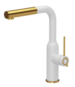 Quadron Unique Bateria zlewozmywakowa stalowa ANGELINA Q LINE  SNOW WHITE z wyciąganą wylewką kolor biały mat/wykończenie złote-DARMOWA DOSTAWA