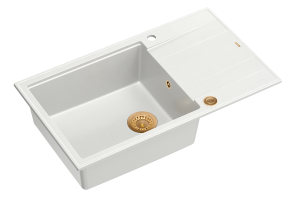 Quadron Unique Zlewozmywak granitowy jednokomorowy 86*50*21 cm  z ociekaczem EVAN 136 XL GRANITEQ  SNOW WHITE z syfonem Push-2-Open w kolorze miedzianym-DARMOWA DOSTAWA