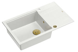 Quadron Unique Zlewozmywak granitowy jednokomorowy 86*50*21 cm  z ociekaczem EVAN 136 XL GRANITEQ  SNOW WHITE z syfonem Push-2-Open w kolorze złotym-DARMOWA DOSTAWA