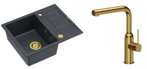 Quadron Unique Zlewozmywak granitowy jednokomorowy 62*50*22 cm z ociekaczem MORGAN 116 BLACK DIAMOND z syfonem Push-2-Open w kolorze złotym z baterią ANGELINA Q LINE z wyciąganą wylewką kolor złoty-DARMOWA DOSTAWA