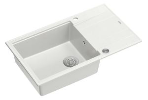 Quadron Unique Zlewozmywak granitowy jednokomorowy 86*50*21 cm  z ociekaczem EVAN 136 XL GRANITEQ  SNOW WHITE z syfonem Push-2-Open w kolorze stalowym-DARMOWA DOSTAWA
