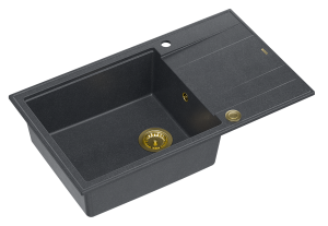 Quadron Unique Zlewozmywak granitowy jednokomorowy 86*50*21 cm  z ociekaczem EVAN 136 XL GRANITEQ  BLACK DIAMOND z syfonem Push-2-Open w kolorze złotym-DARMOWA DOSTAWA