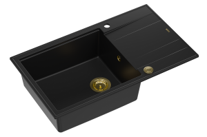 Quadron Unique Zlewozmywak granitowy jednokomorowy 86*50*21 cm  z ociekaczem EVAN 136 XL GRANITEQ  PURE CARBON z syfonem Push-2-Open w kolorze złotym-DARMOWA DOSTAWA