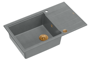 Quadron Unique Zlewozmywak granitowy jednokomorowy 86*50*21 cm  z ociekaczem EVAN 136 XL GRANITEQ  SILVER STONE z syfonem Push-2-Open w kolorze miedzianym-DARMOWA DOSTAWA