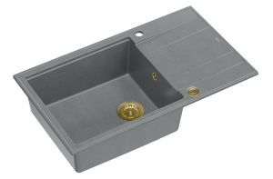 Quadron Unique Zlewozmywak granitowy jednokomorowy 86*50*21 cm  z ociekaczem EVAN 136 XL GRANITEQ  SILVER STONE z syfonem Push-2-Open w kolorze złotym-DARMOWA DOSTAWA
