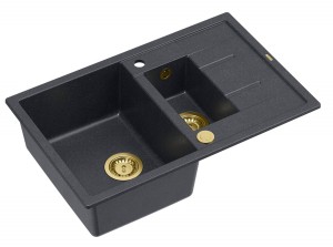Quadron Unique Zlewozmywak granitowy półtorakomorowy 78*50*22/16 cm z ociekaczem MORGAN 156 BLACK DIAMOND z syfonem Push-2-Open w kolorze złotym-DARMOWA DOSTAWA