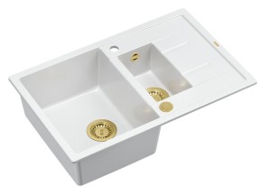 Quadron Unique Zlewozmywak granitowy półtorakomorowy 78*50*22/16 cm z ociekaczem MORGAN 156 SNOW WHITE z syfonem Push-2-Open w kolorze złotym-DARMOWA DOSTAWA