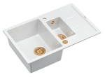 Quadron Unique Zlewozmywak granitowy półtorakomorowy 78*50*22/16 cm z ociekaczem MORGAN 156 SNOW WHITE z syfonem Push-2-Open w kolorze miedzianym