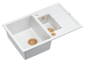 Quadron Unique Zlewozmywak granitowy półtorakomorowy 78*50*22/16 cm z ociekaczem MORGAN 156 SNOW WHITE z syfonem Push-2-Open w kolorze miedzianym-DARMOWA DOSTAWA