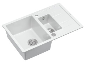 Quadron Unique Zlewozmywak granitowy półtorakomorowy 78*50*22/16 cm z ociekaczem MORGAN 156 SNOW WHITE z syfonem Push-2-Open w kolorze stalowym-DARMOWA DOSTAWA