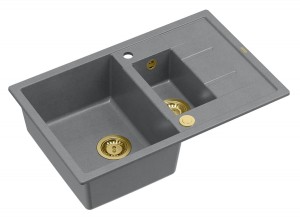 Quadron Unique Zlewozmywak granitowy półtorakomorowy 78*50*22/16 cm z ociekaczem MORGAN 156 SILVER STONE z syfonem Push-2-Open w kolorze złotym-DARMOWA DOSTAWA
