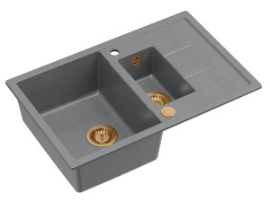 Quadron Unique Zlewozmywak granitowy półtorakomorowy 78*50*22/16 cm z ociekaczem MORGAN 156 SILVER STONE z syfonem Push-2-Open w kolorze miedzianym-DARMOWA DOSTAWA