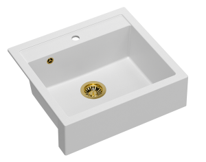 Quadron Unique Zlewozmywak granitowy jednokomorowy wpuszczany / podwieszany 59,5*54*20,5 cm  BILL 110 GRANITEQ  SNOW WHITE ze złotym odpływem-DARMOWA DOSTAWA
