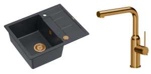Quadron Unique Zlewozmywak granitowy jednokomorowy 62*50*22 cm z ociekaczem MORGAN 116 BLACK DIAMOND z syfonem Push-2-Open w kolorze miedzianym z baterią ANGELINA Q LINE z wyciąganą wylewką kolor miedziany-DARMOWA DOSTAWA