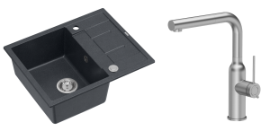 Quadron Unique Zlewozmywak granitowy jednokomorowy 62*50*22 cm z ociekaczem MORGAN 116 BLACK DIAMOND z syfonem Push-2-Open w kolorze stalowym z baterią ANGELINA Q LINE z wyciąganą wylewką kolor stal szczotkowana-DARMOWA DOSTAWA
