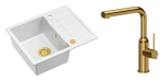 Quadron Unique Zlewozmywak granitowy jednokomorowy 62*50*22 cm z ociekaczem MORGAN 116 SNOW WHITE z syfonem Push-2-Open w kolorze złotym z baterią ANGELINA Q LINE z wyciąganą wylewką kolor złoty-DARMOWA DOSTAWA