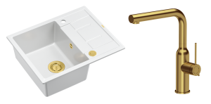 Quadron Unique Zlewozmywak granitowy jednokomorowy 62*50*22 cm z ociekaczem MORGAN 116 SNOW WHITE z syfonem Push-2-Open w kolorze złotym z baterią ANGELINA Q LINE z wyciąganą wylewką kolor złoty-DARMOWA DOSTAWA