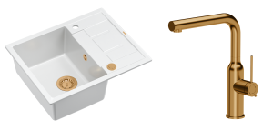 Quadron Unique Zlewozmywak granitowy jednokomorowy 62*50*22 cm z ociekaczem MORGAN 116 SNOW WHITE z syfonem Push-2-Open w kolorze miedzianym z baterią ANGELINA Q LINE z wyciąganą wylewką kolor miedziany-DARMOWA DOSTAWA
