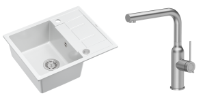 Quadron Unique Zlewozmywak granitowy jednokomorowy 62*50*22 cm z ociekaczem MORGAN 116 SNOW WHITE z syfonem Push-2-Open w kolorze stalowym z baterią ANGELINA Q LINE z wyciąganą wylewką kolor stal szczotkowana-DARMOWA DOSTAWA