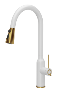 Quadron Unique Bateria zlewozmywakowa stalowa JESSICA Q LINE SNOW WHITE z wyciąganą wylewką i funkcją prysznica kolor biały mat/wykończenie złote-DARMOWA DOSTAWA