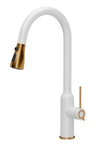 Quadron Unique Bateria zlewozmywakowa stalowa JESSICA Q LINE SNOW WHITE z wyciąganą wylewką i funkcją prysznica kolor biały mat/wykończenie miedź-DARMOWA DOSTAWA