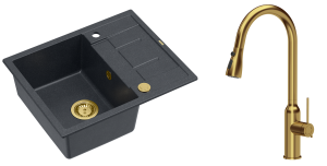 Quadron Unique Zlewozmywak granitowy jednokomorowy 62*50*22 cm z ociekaczem MORGAN 116 BLACK DIAMOND z syfonem Push-2-Open w kolorze złotym z baterią JESSICA Q LINE z wyciąganą wylewką i funkcją prysznica kolor złoty-DARMOWA DOSTAWA