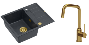 Quadron Unique Zlewozmywak granitowy jednokomorowy 62*50*22 cm z ociekaczem MORGAN 116 BLACK DIAMOND z syfonem Push-2-Open w kolorze złotym z baterią NATALIE Q LINE kolor złoty-DARMOWA DOSTAWA