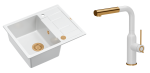 Quadron Unique Zlewozmywak granitowy jednokomorowy 62*50*22 cm z ociekaczem MORGAN 116 SNOW WHITE z syfonem Push-2-Open w kolorze złotym z baterią ANGELINA Q LINE SNOW WHITE z wyciąganą wylewką kolor biały mat/wykończenie złote-DARMOWA DOSTAWA