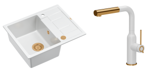 Quadron Unique Zlewozmywak granitowy jednokomorowy 62*50*22 cm z ociekaczem MORGAN 116 SNOW WHITE z syfonem Push-2-Open w kolorze miedzianym z baterią ANGELINA Q LINE SNOW WHITE z wyciąganą wylewką kolor biały mat/wykończenie miedź-DARMOWA DOSTAWA