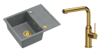 Quadron Unique Zlewozmywak granitowy jednokomorowy 62*50*22 cm z ociekaczem MORGAN 116 SILVER STONE z syfonem Push-2-Open w kolorze złotym z baterią ANGELINA Q LINE z wyciąganą wylewką kolor złoty-DARMOWA DOSTAWA