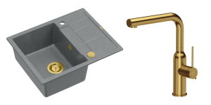 Quadron Unique Zlewozmywak granitowy jednokomorowy 62*50*22 cm z ociekaczem MORGAN 116 SILVER STONE z syfonem Push-2-Open w kolorze złotym z baterią ANGELINA Q LINE z wyciąganą wylewką kolor złoty-DARMOWA DOSTAWA