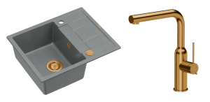Quadron Unique Zlewozmywak granitowy jednokomorowy 62*50*22 cm z ociekaczem MORGAN 116 SILVER STONE z syfonem Push-2-Open w kolorze miedzianym z baterią ANGELINA Q LINE z wyciąganą wylewką kolor miedziany-DARMOWA DOSTAWA