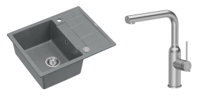 Quadron Unique Zlewozmywak granitowy jednokomorowy 62*50*22 cm z ociekaczem MORGAN 116 SILVER STONE z syfonem Push-2-Open w kolorze stalowym z baterią ANGELINA Q LINE z wyciąganą wylewką kolor stal szczotkowana-DARMOWA DOSTAWA